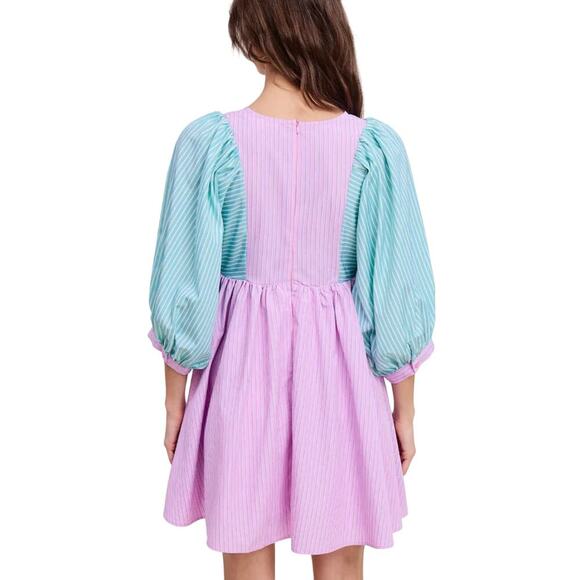 Ultramarine Two-tone Striped Puff Sleeve Mini Dress Size M | Pink & Green - Picture 2 of 3